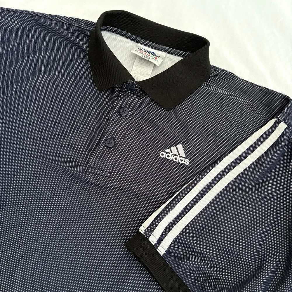 Vintage Y2k‎ Adidas Mens 2XL Blue Striped Polo Shirt Shiny Collared Heavy Sports